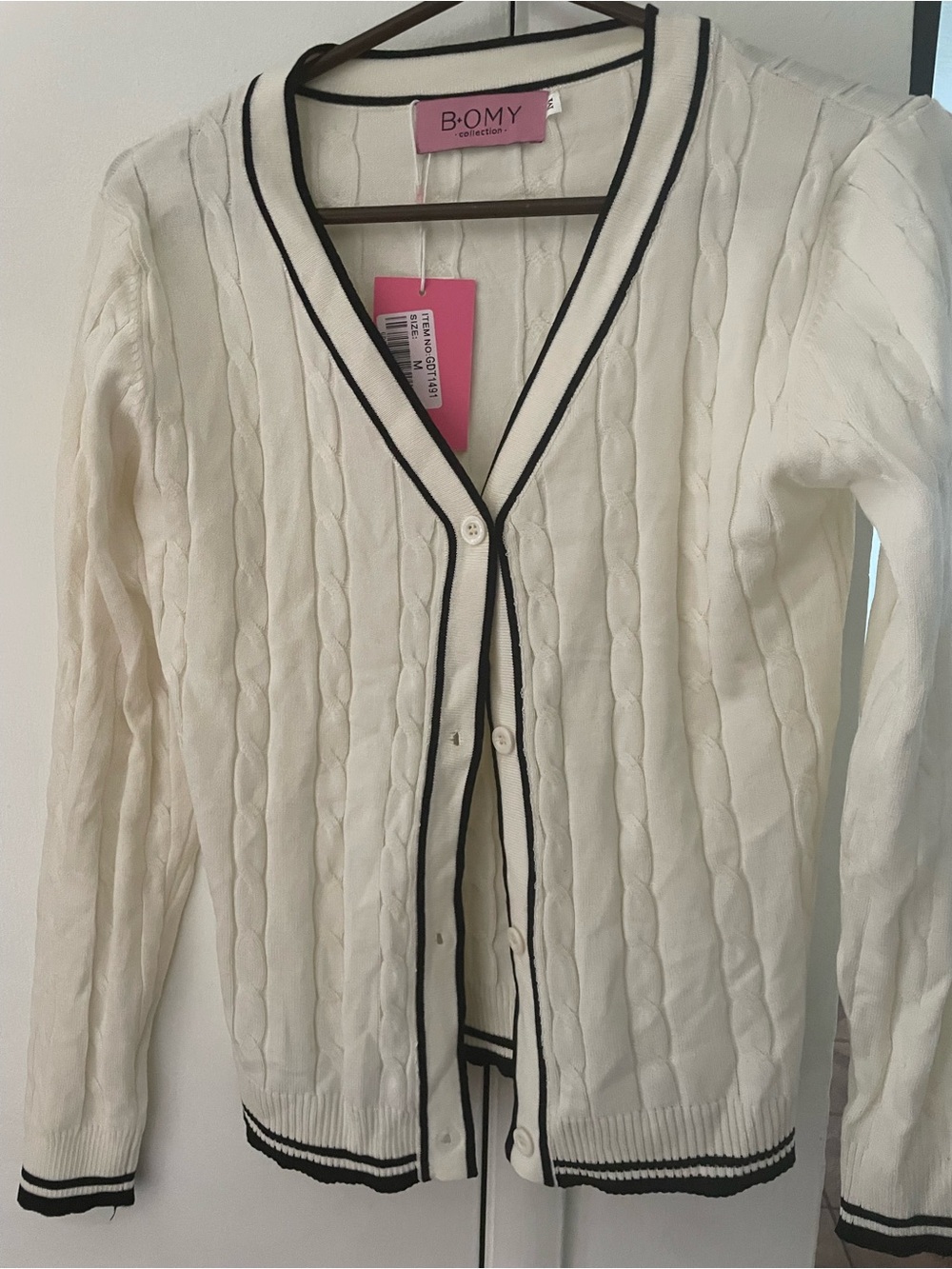 Cream Cable-Knit Cardigan with Black Trim